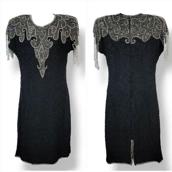 NEW 80s Vintage Lawrence Kazar 100% Silk Beaded and Pearls Evening Gown in Black - Picture 6 of 14